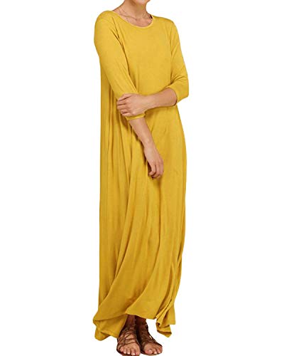 YOINS Vestido de Mujer Cuello Redondo Vestidos Largo Suelto Talla Grande Vestidos de Manga 3/4 Color Sólido con Bolsillos Amarillo XL
