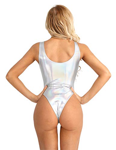 YOOJIA Body Mujer Bodysuit Lencería Erótica Metálica Push Up Traje de Baño de una Pieza Sin Mangas Bañador Corte Alto Babydoll Plateado X-Large