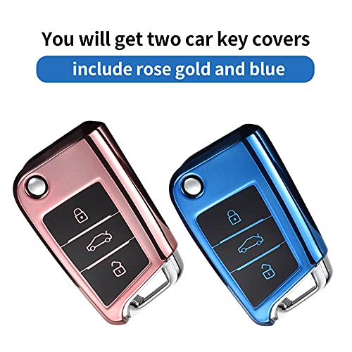 Yosemy 2 Piezas Funda para Llave VW Golf 7 Skoda Seat TPU Carcasa Protectora Funda para Llave de Coche de 3 Botones Oro Rosa + Azul