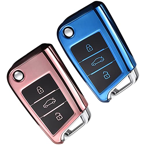 Yosemy 2 Piezas Funda para Llave VW Golf 7 Skoda Seat TPU Carcasa Protectora Funda para Llave de Coche de 3 Botones Oro Rosa + Azul