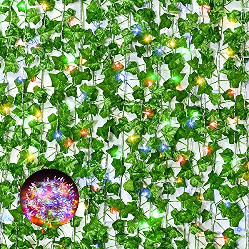 YQing Guirnalda de hojas de hiedra artificial, 12 unidades, para colgar en la boda, guirnalda de hiedra inglesa con 90 luces LED para casa, cocina, jardín, decoración de pared, multicolor