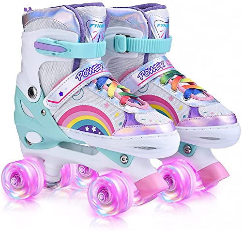 YUDOXN Patines 4 Ruedas, Patines Roller Ajustables,Patines Paralelos con Ruedas Luminosas de Malla Transpirable para Niñas, Niños y Principiantes Tamaño 31-42. (Arcoiris - Rosa, S)