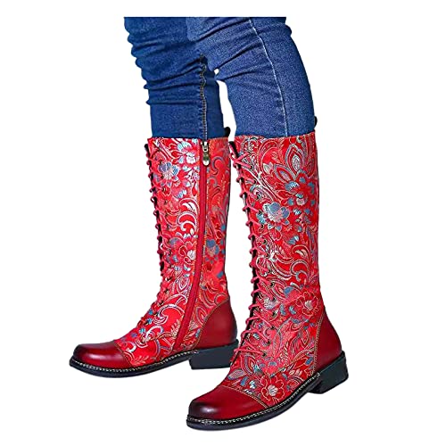 YWLINK Botas Estampadas Botas Altas De Mujer Botas Vintage Botas De TacóN Bajo Botas Bordadas Botas Vaqueras Occidentales Botas De Viento Nacional Botas Impermeables De Invierno (Rojo, 37)