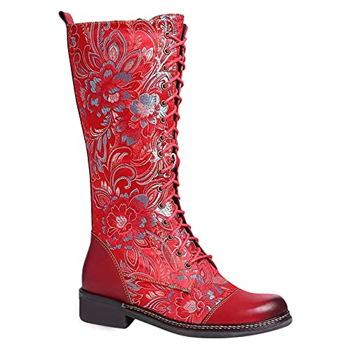 YWLINK Botas Estampadas Botas Altas De Mujer Botas Vintage Botas De TacóN Bajo Botas Bordadas Botas Vaqueras Occidentales Botas De Viento Nacional Botas Impermeables De Invierno (Rojo, 37)