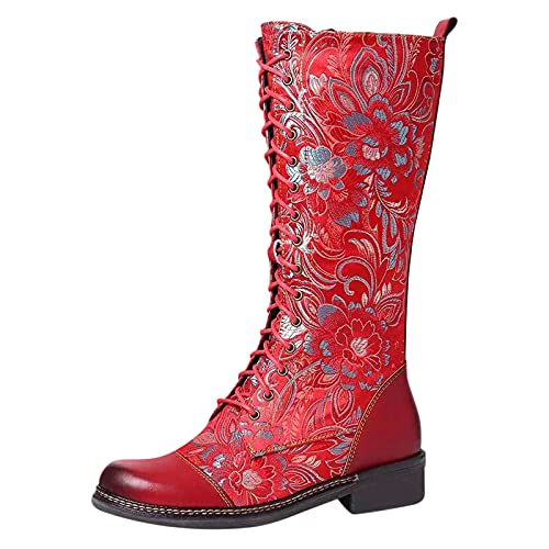 YWLINK Botas Estampadas Botas Altas De Mujer Botas Vintage Botas De TacóN Bajo Botas Bordadas Botas Vaqueras Occidentales Botas De Viento Nacional Botas Impermeables De Invierno (Rojo, 37)