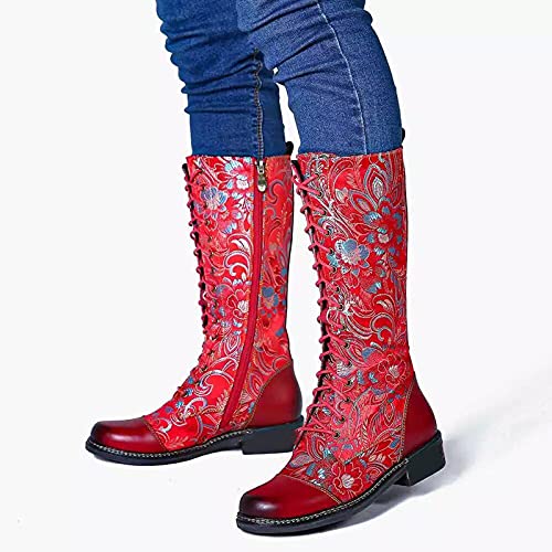 YWLINK Botas Estampadas Botas Altas De Mujer Botas Vintage Botas De TacóN Bajo Botas Bordadas Botas Vaqueras Occidentales Botas De Viento Nacional Botas Impermeables De Invierno (Rojo, 37)