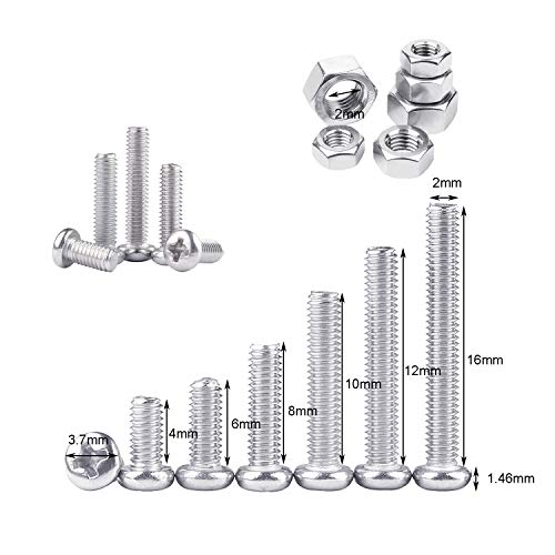 Zaky Juego de tornillos M2, 230 unidades, acero inoxidable, tornillos Phillips, redondos, tornillos y tuercas, en caja de almacenamiento (6 tamaños)