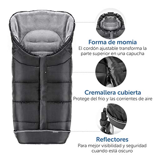 Zamboo Saco Silla Paseo Universal Invierno - Sacos de Silla de bebe con Forro Polar térmico - Sacos de abrigo para Carritos con capucha, reflectores y bolsa - Negro