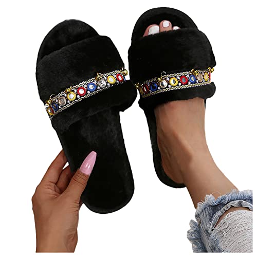 Zapatillas Planas Casuales Peludas De Estilo éTnico con DecoracióN De Campanas De Moda para Mujer