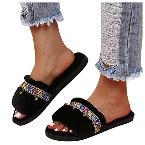 Zapatillas Planas Casuales Peludas De Estilo éTnico con DecoracióN De Campanas De Moda para Mujer