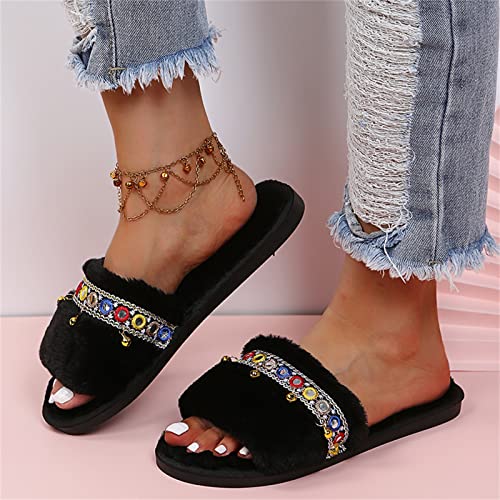 Zapatillas Planas Casuales Peludas De Estilo éTnico con DecoracióN De Campanas De Moda para Mujer