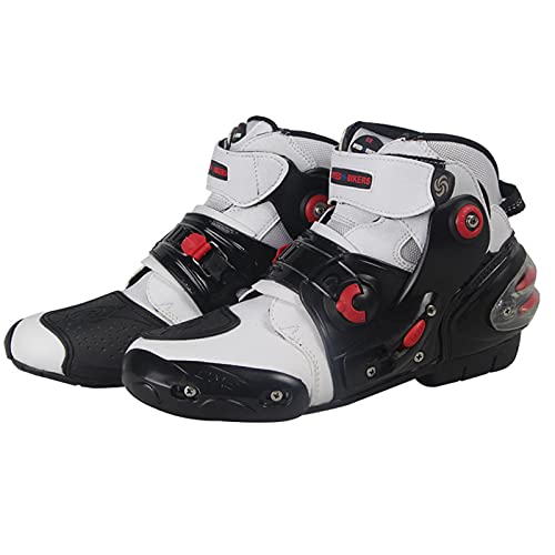 Zapatos de Moto para Hombre, Botines Cortos de Moto Botas de Motocross de Cuero de Microfibra Impermeables para Armadura Off Road Enduro Quad Racing Touring Sports,White-6.5UK