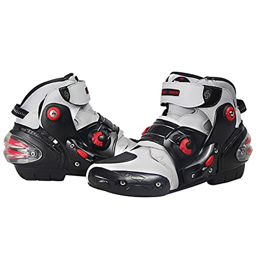 Zapatos de Moto para Hombre, Botines Cortos de Moto Botas de Motocross de Cuero de Microfibra Impermeables para Armadura Off Road Enduro Quad Racing Touring Sports,White-6.5UK