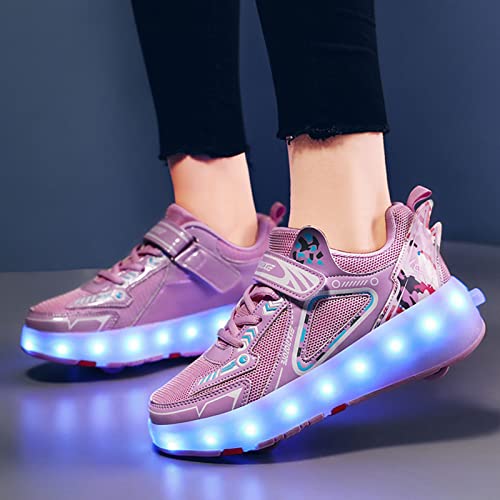 Zapatos de Patinaje sobre Ruedas para Niños Zapatos con Luz LED Zapatillas de Cuatro Ruedas con Doble Hilera con Carga USB, Calzado Técnico de Skate para Niños Niñas,Pink-36EU