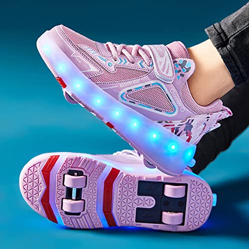 Zapatos de Patinaje sobre Ruedas para Niños Zapatos con Luz LED Zapatillas de Cuatro Ruedas con Doble Hilera con Carga USB, Calzado Técnico de Skate para Niños Niñas,Pink-36EU
