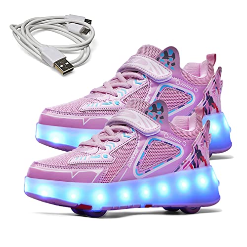 Zapatos de Patinaje sobre Ruedas para Niños Zapatos con Luz LED Zapatillas de Cuatro Ruedas con Doble Hilera con Carga USB, Calzado Técnico de Skate para Niños Niñas,Pink-36EU