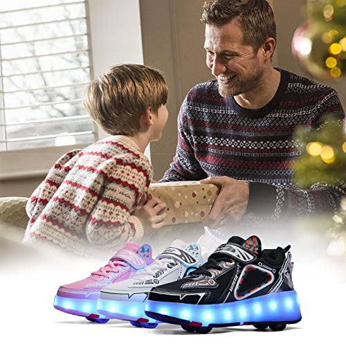 Zapatos de Patinaje sobre Ruedas para Niños Zapatos con Luz LED Zapatillas de Cuatro Ruedas con Doble Hilera con Carga USB, Calzado Técnico de Skate para Niños Niñas,Pink-36EU