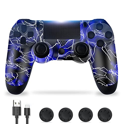 Zcity Mando PS4, Mando Inalámbrico para Playstation 4, Controlador Inalámbrico Gamepad Doble Vibración para Playstion 4, Bluetooth Joystick PS4 con Cable y Agarres para el Pulgar (Blue)