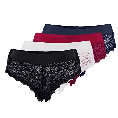 ZeWoo 4 Piezas Bragas Pantalones de Mujer sin Costuras Señoras Ropa Interior Secret Hug Sexy Low Rise Calzoncillos de Encaje Bikini Bragas (M)