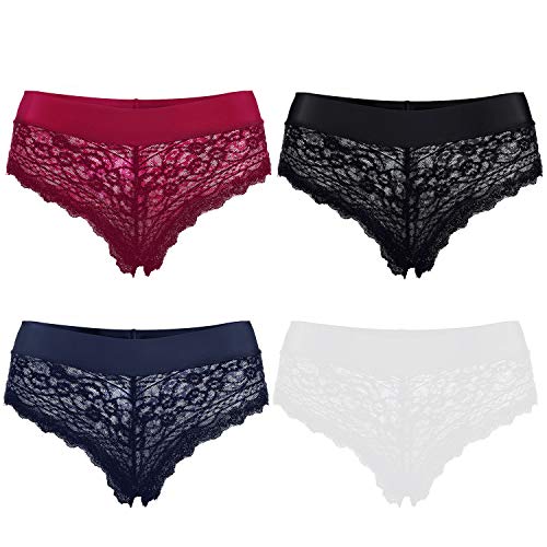 ZeWoo 4 Piezas Bragas Pantalones de Mujer sin Costuras Señoras Ropa Interior Secret Hug Sexy Low Rise Calzoncillos de Encaje Bikini Bragas (M)