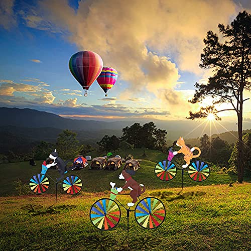 ZHANGLE 3pcs Wind Spinner Garden, Vintage Animal en Bicicleta Wind Spinner, 3D Cute Cat Dog Outdoor Windmill Decoración Esculturas de Viento Garden Stake Spinner