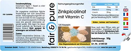 Zinc 15 mg - Suplemento de Picolinato de Zinc con Vitamina C - Vegano - Alta pureza - 120 Cápsulas