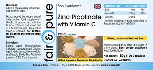 Zinc 15 mg - Suplemento de Picolinato de Zinc con Vitamina C - Vegano - Alta pureza - 120 Cápsulas