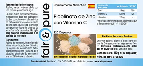 Zinc 15 mg - Suplemento de Picolinato de Zinc con Vitamina C - Vegano - Alta pureza - 120 Cápsulas