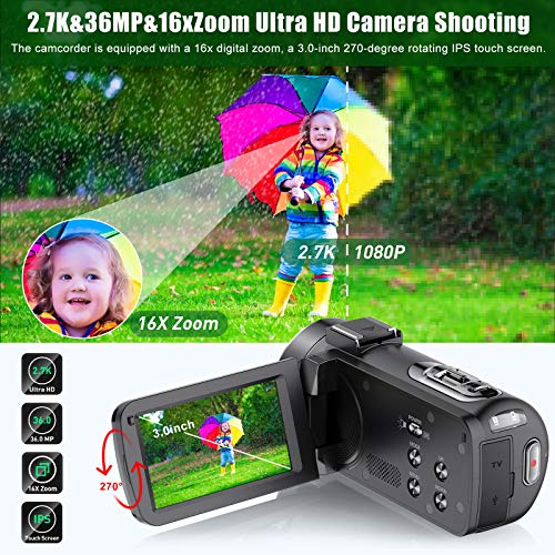 ZORNIK 2.7K Videocámara, Cámara de Video con Visión Nocturna Digital por Infrarrojos de 36 Megapíxeles, Cámara de Vlogging con Pantalla Táctil LCD de 3.0 Pulgadas y Zoom Potente de 16X (2.7K-01)