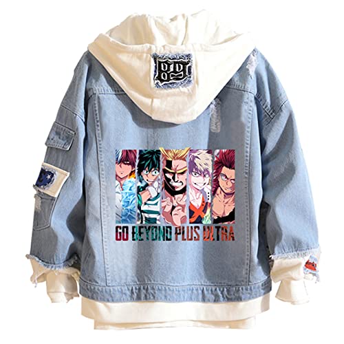 ZOSUO My Hero Academia Anime Sudadera con Capucha Chaqueta Vaquera con Sudadera Cosplay Disfraz Abrigo Botones Empalme Falso Dos Ropa Denim Sudaderas ​Manga ​Larga Top,Azul,M