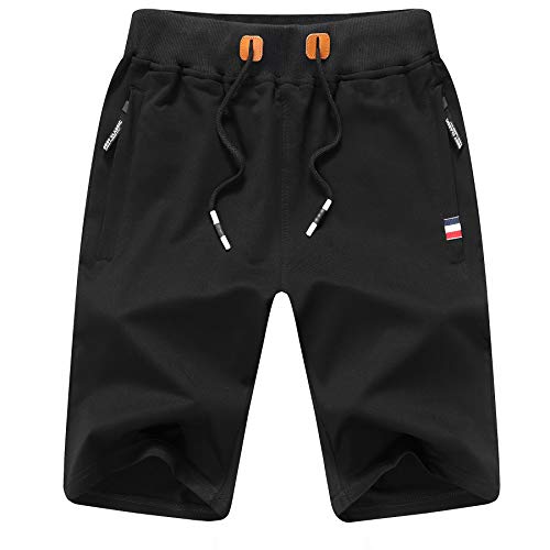 ZOXOZ Pantalones Cortos de Verano para Hombre Algodón Deportivos Shorts de Jogging Running Fitness Gym con Bolsillos con Cremallera en la Cintura elástica Negro L