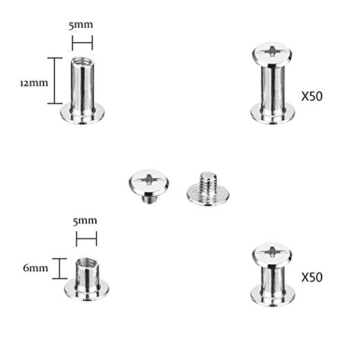 100 Juego de tornillos de libro Tornillos de la correa Tornillos de unión Kit surtido 6 mm 12 mm ronda Phillips Postes de tornillo de cría