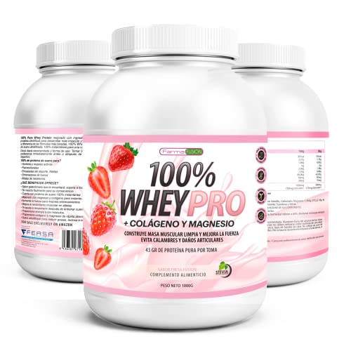 100% Whey Protein con Colágeno y Magnesio | 43Gr. de Proteína Pura por toma 0% Azúcares | Aumenta el crecimiento muscular y tonifica los músculos | Protege y lubrica Articulaciones | 1000g (Fresa)