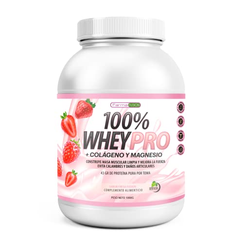 100% Whey Protein con Colágeno y Magnesio | 43Gr. de Proteína Pura por toma 0% Azúcares | Aumenta el crecimiento muscular y tonifica los músculos | Protege y lubrica Articulaciones | 1000g (Fresa)