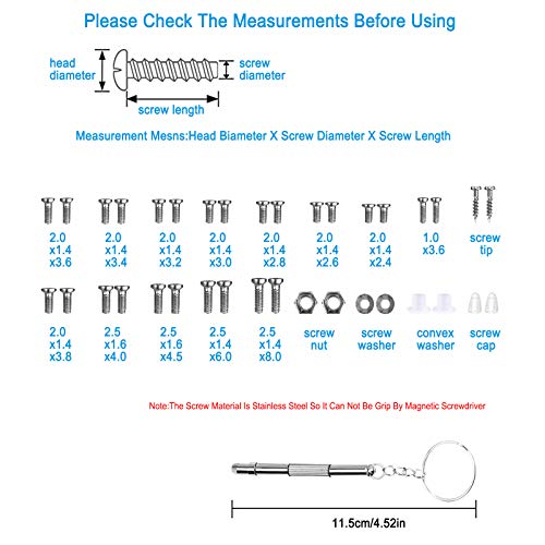 1000 Pcs Tornillo para Gafas Reloj, Tornillos Tuercas Kit de Reparación, Kit de Reparación de Tornillos Pequeños de Acero Inoxidable, Tornillos Kit de Reparación con Destornillador para Gafas Reloj
