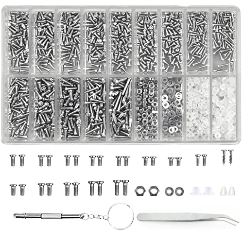 1000 Pcs Tornillo para Gafas Reloj, Tornillos Tuercas Kit de Reparación, Kit de Reparación de Tornillos Pequeños de Acero Inoxidable, Tornillos Kit de Reparación con Destornillador para Gafas Reloj