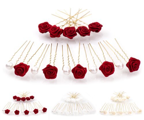 15 rosas y perlas horquillas - Joyas para el cabello - oro - Rojo Burdeos