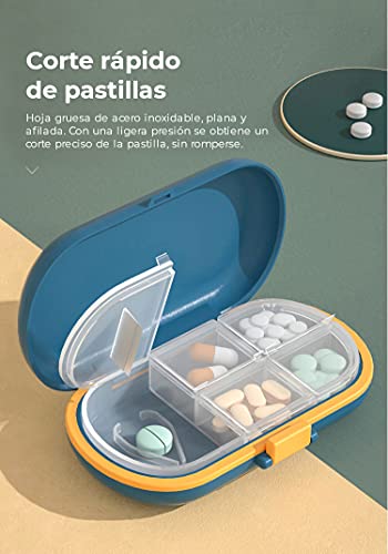 2 Pastilleros con Cortador de Pastillas, Caja de Pastillas con 4 Compartimentos – Tomas, Organizador Medicación de Plástico ABS Portátil de tamaño Bolsillo – Verde y Azul