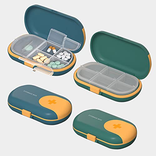 2 Pastilleros con Cortador de Pastillas, Caja de Pastillas con 4 Compartimentos – Tomas, Organizador Medicación de Plástico ABS Portátil de tamaño Bolsillo – Verde y Azul