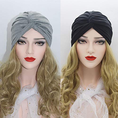 2 Piezas Gorros Turbantes para Mujer Cancer Pañuelos Cabeza Mujer Gorros de Dormir Algodón Elástico Frontal Cruzado Gorro Turbante Pelo Mujer para Pérdida de Pelo (Negro+Gris)