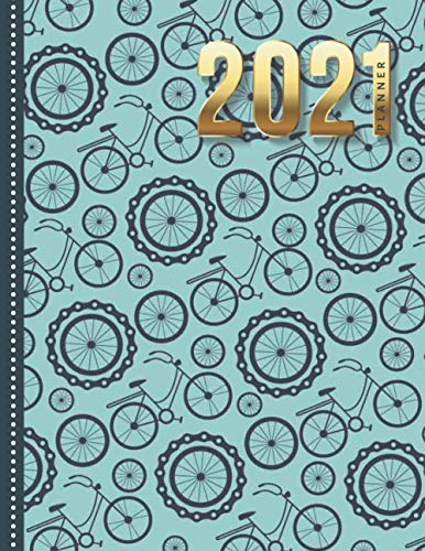 2021 Planner: Abstract Wheels Cycling Bike Pattern on Teal / Daily Weekly Monthly / Dated 8.5x11 Life Organizer Notebook / 12 Month Calendar - Jan to ... Cover / Cute Christmas or New Years Gift