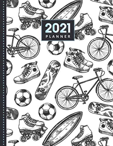 2021 Planner: Black White Sports and Exercise Drawing Pattern / Daily Weekly Monthly / Dated 8.5x11 Life Organizer Notebook / 12 Month Calendar - Jan ... Flexible Cover / Christmas or New Years Gift