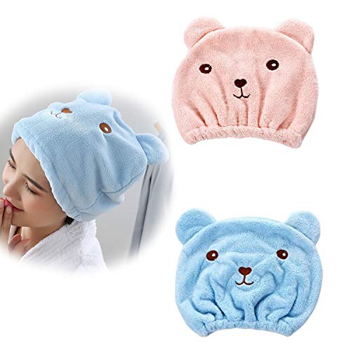 2Pcs Toalla Turbante de Pelo Secado Rápido de Microfibra Oso Gorro Pelo Seco Gorro de Baño de Secado Sombrero Cabello Seco Toalla para Secar el Pelo Gorro Absorbente de Agua para Cabello, Mujer y Niña