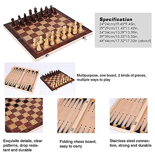 3 in-1 Chess Set Wooden Foldable Chess Board and Draughts Set Chess Checkers Game Interior Storage Practical Both Sides Puzzle Board (24 * 24cm)