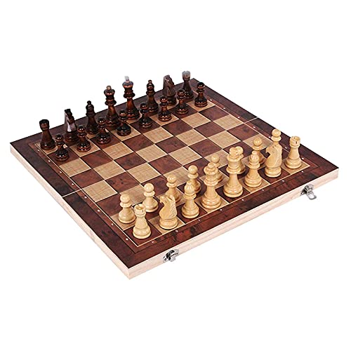3 in-1 Chess Set Wooden Foldable Chess Board and Draughts Set Chess Checkers Game Interior Storage Practical Both Sides Puzzle Board (24 * 24cm)