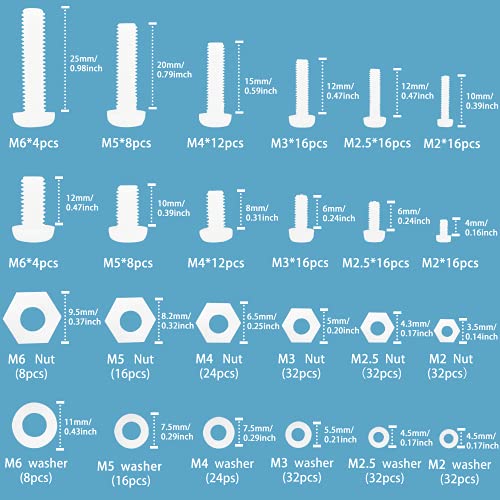 432PCS Cabeza redonda Tornillo hexagonal Tuerca Nylon Arandela Kit de clasificación con una caja de plástico M2 M2.5 M3 M4 M5 M6 (Blanco)