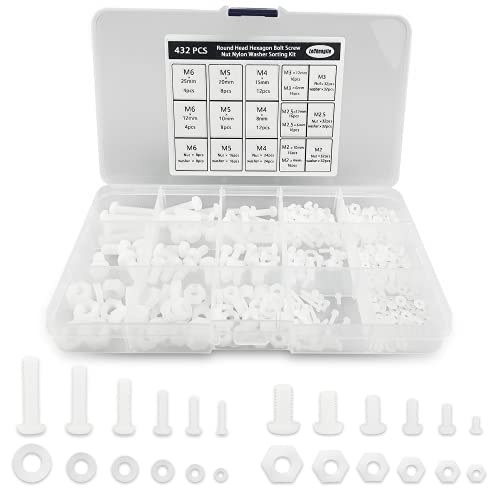 432PCS Cabeza redonda Tornillo hexagonal Tuerca Nylon Arandela Kit de clasificación con una caja de plástico M2 M2.5 M3 M4 M5 M6 (Blanco)