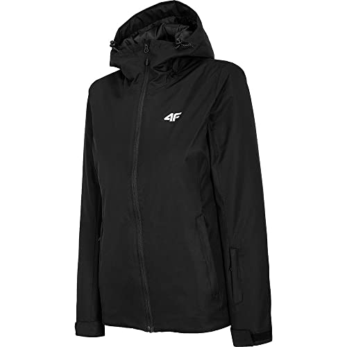 4F Chaqueta de invierno para mujer, chaqueta de esquí y snowboard, chaqueta de invierno con capucha, columna de agua de 5.000 mm, resistente al viento, impermeable, reflectante, Negro , XS