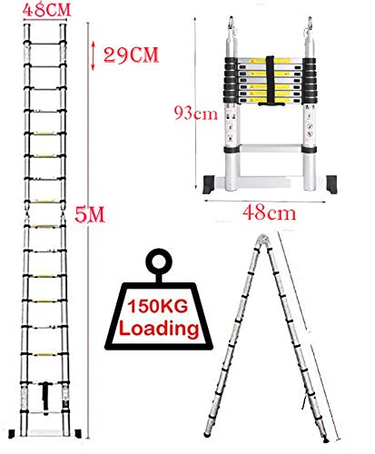 5M Escalera Plegable Aluminio, Escalera Extensión telescópica de aluminio Escaleras Telescópicas, Escalera Alta multifunción Portátil para Loft Escaleras Extensibles, 150kg