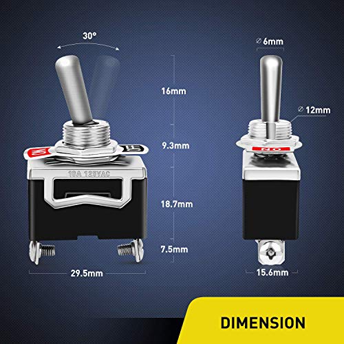 6 piezas Conmutador de Palanca SPST, Interruptor BasculanteAC125V 10A, Interruptor de Palanca ON/OFF 2 Posiciones 2 Pin, Rocker Toggle Switch para Auto Vehiculo Barco,con Tapa Impermeable